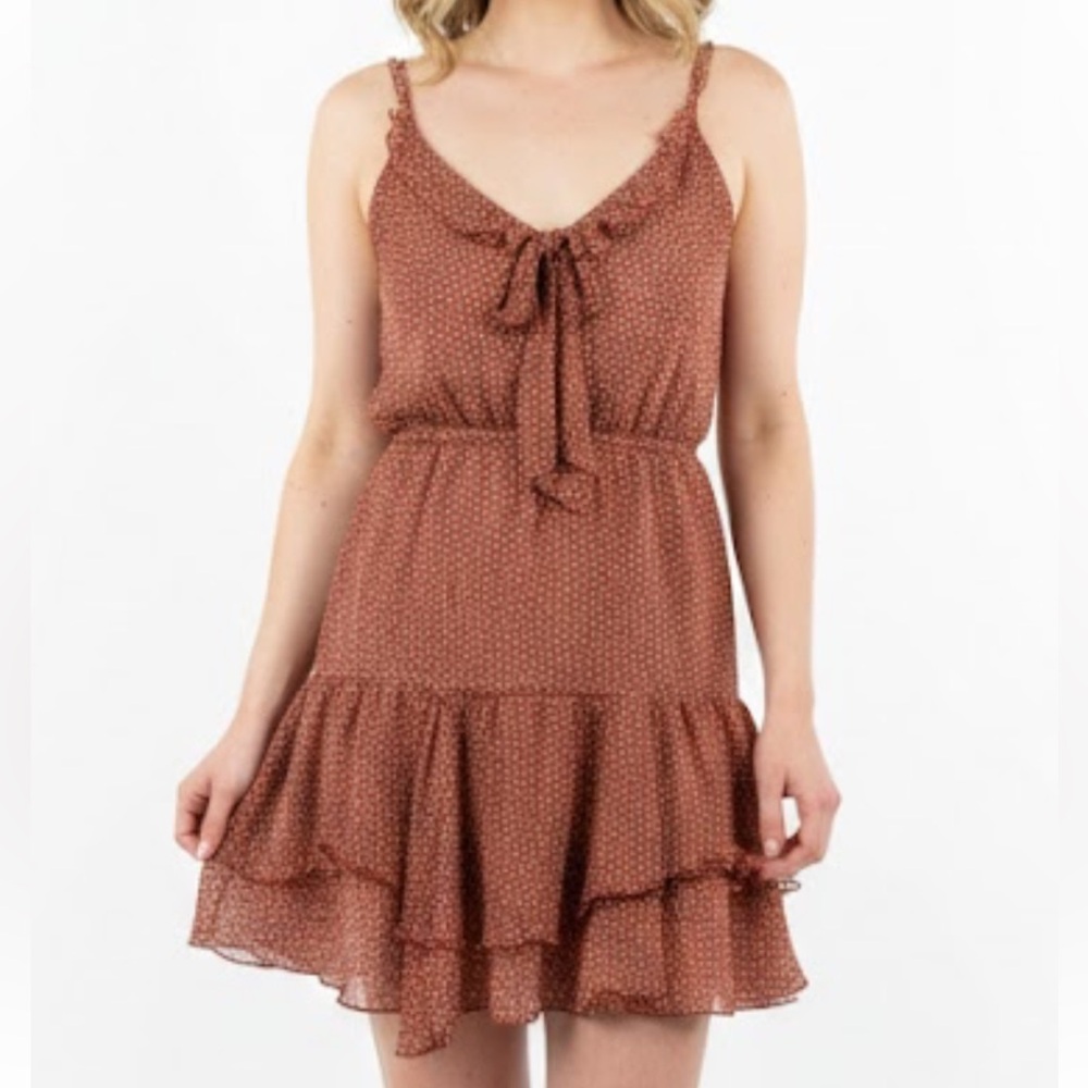 Naf Naf 100% silk size small Women's Sleeveless Ruffle Dress burnt orange polka